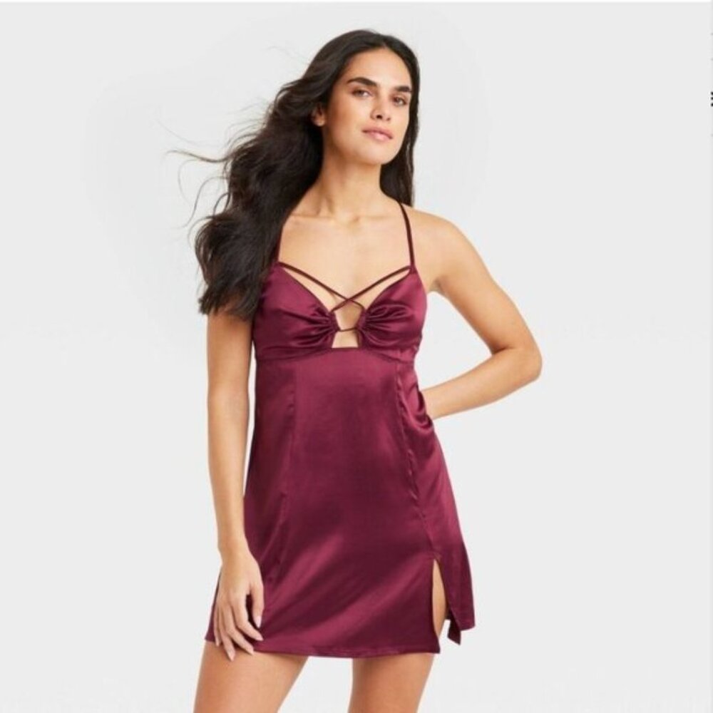 NWT Auden Burgundy Silk-Style Slip Dress Night Sleepwear Matching G-String Thong